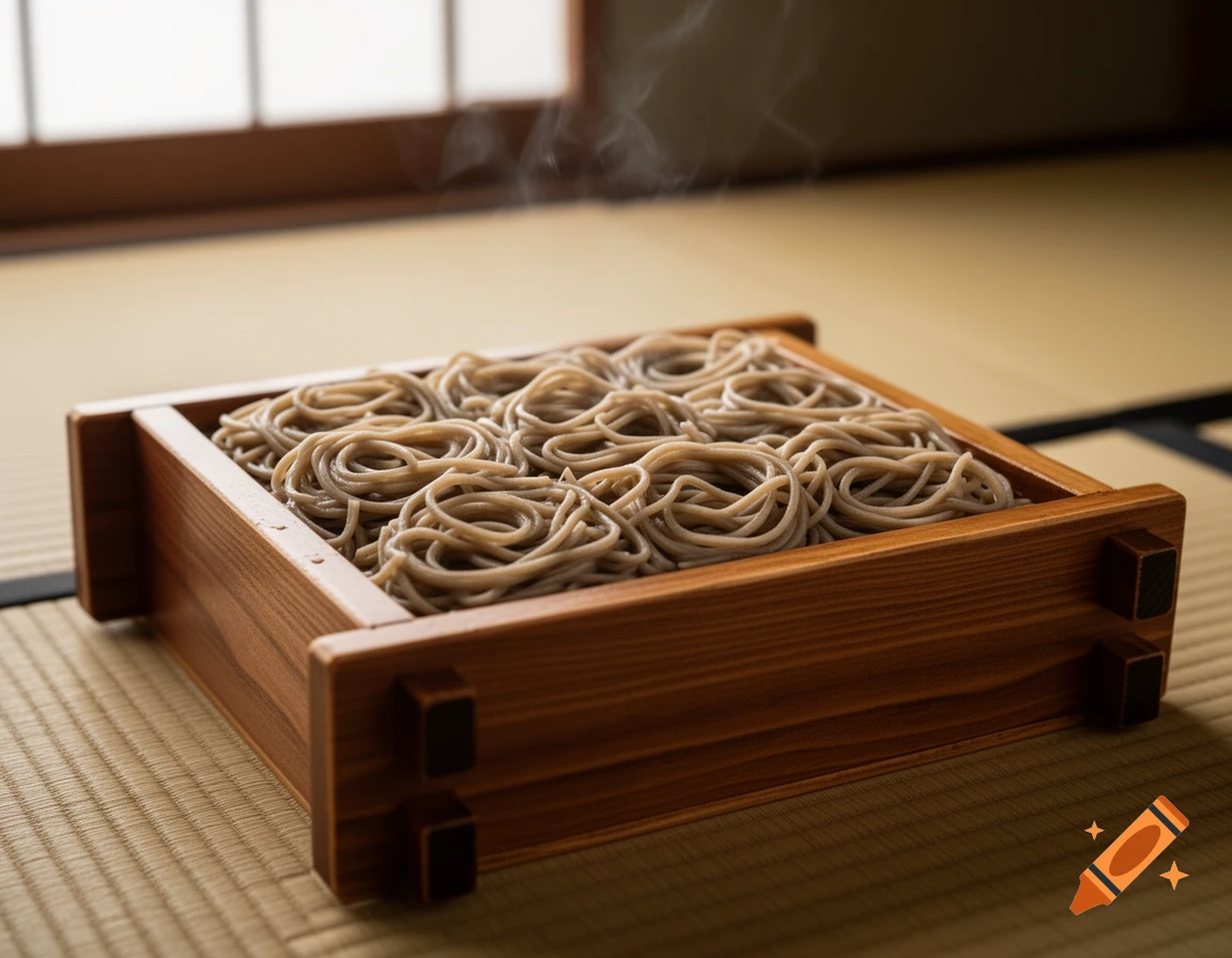 新潟名物へぎそばを木製のへぎ容器に盛った様子