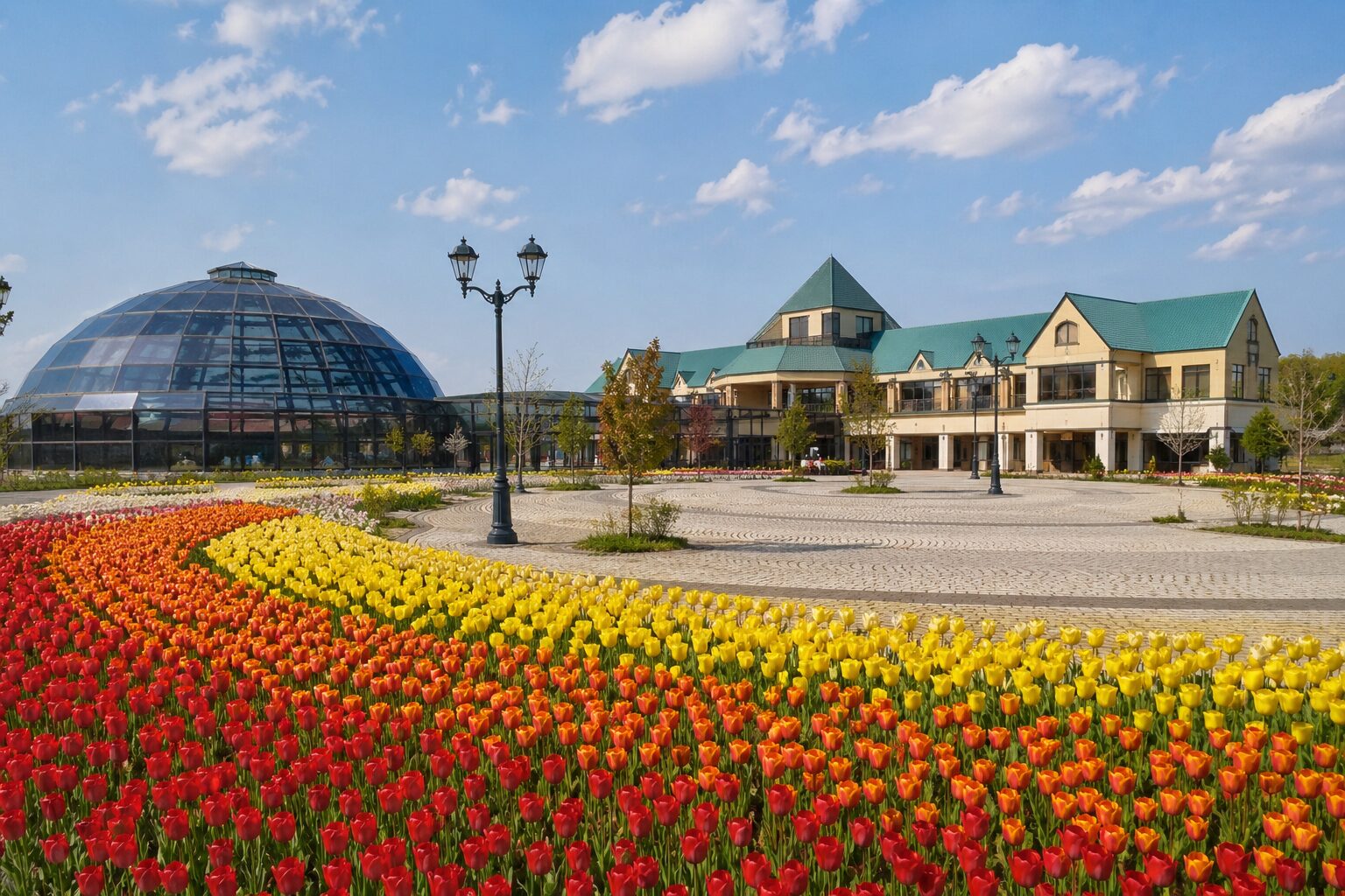 新潟ふるさと村 道の駅 バザール館とアピール館 チューリップ畑 春