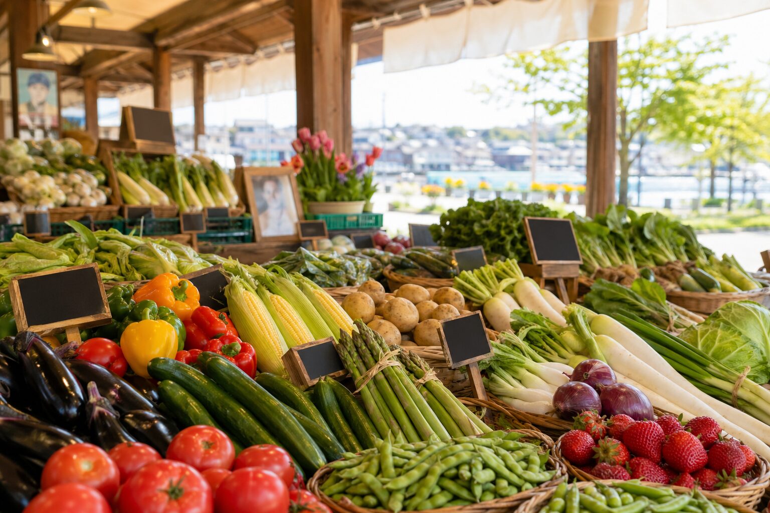 新潟の港町の農産物直売所 地元野菜の陳列 トマト ナス アスパラ いちご 初夏