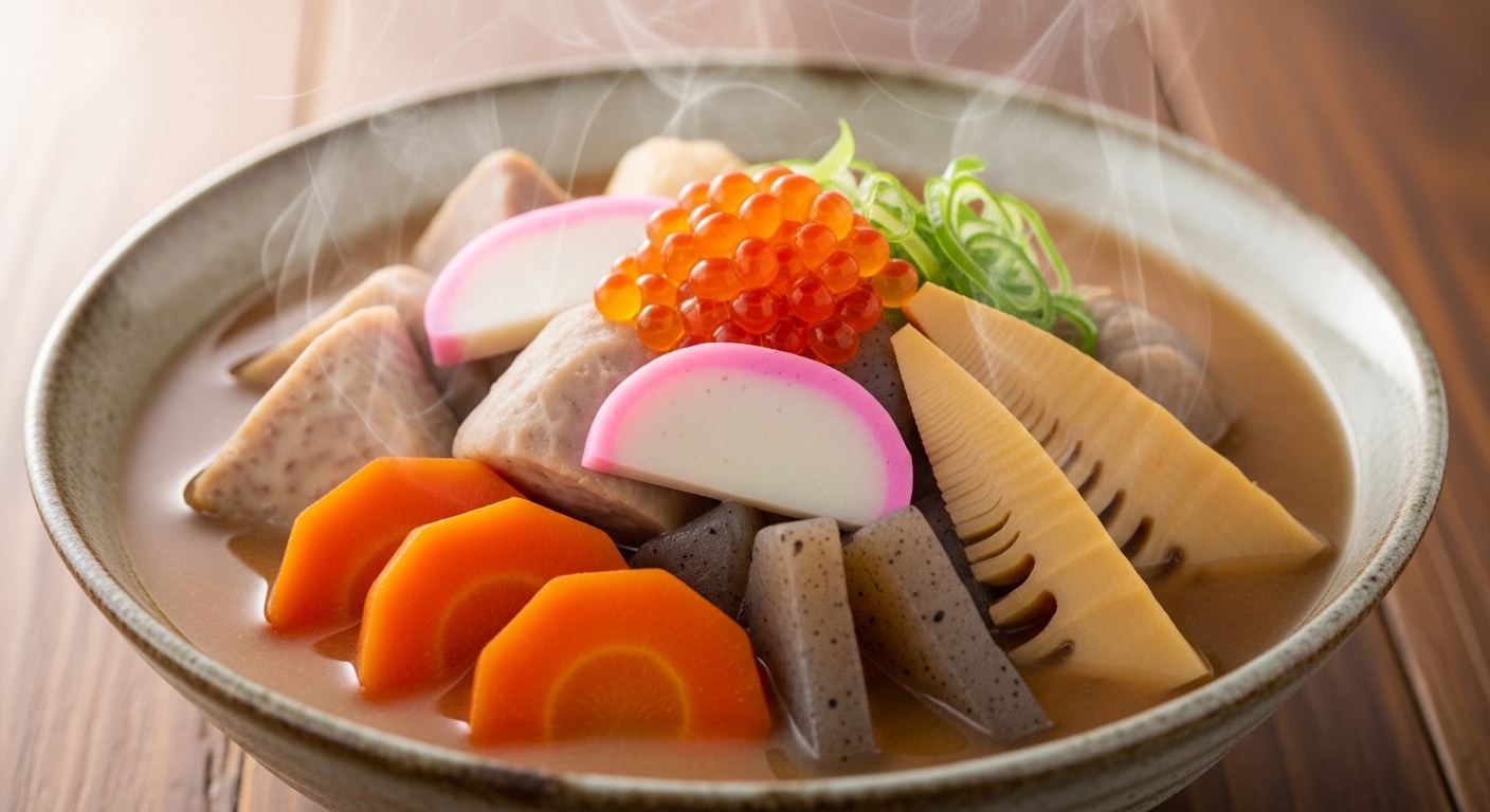 陶器の器に盛られたのっぺ汁 里芋・人参・こんにゃく・イクラ入り