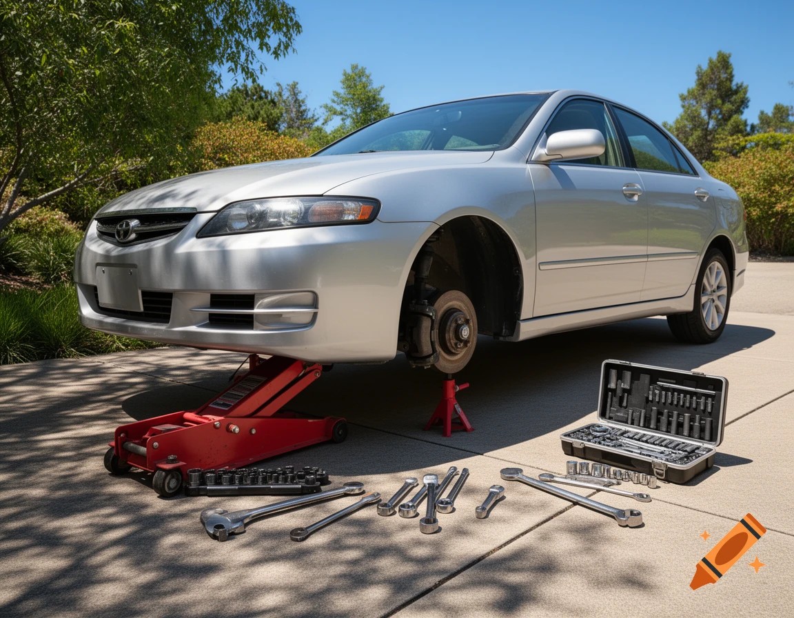 DIYタイヤ交換 ジャッキと工具を使って銀色の車のタイヤを外している様子