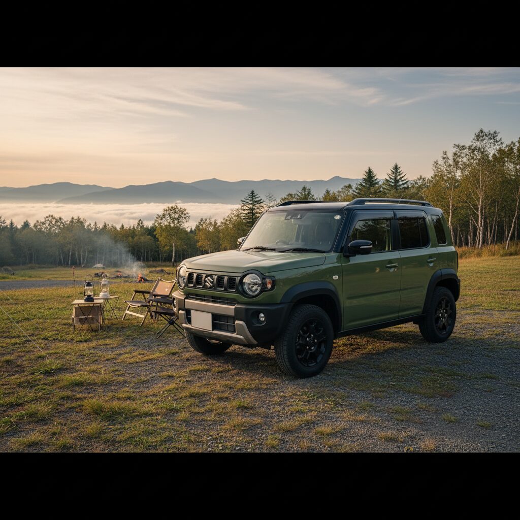 新型ハスラー4型 TOUGH WILDイメージ キャンプ場 アウトドア AI生成