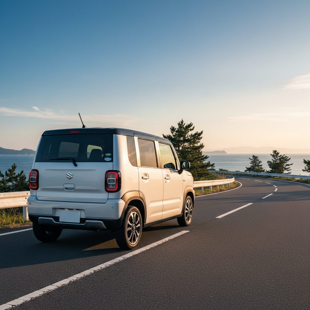 新型ハスラー4型イメージ 海沿いドライブ AI生成 軽クロスオーバーSUV