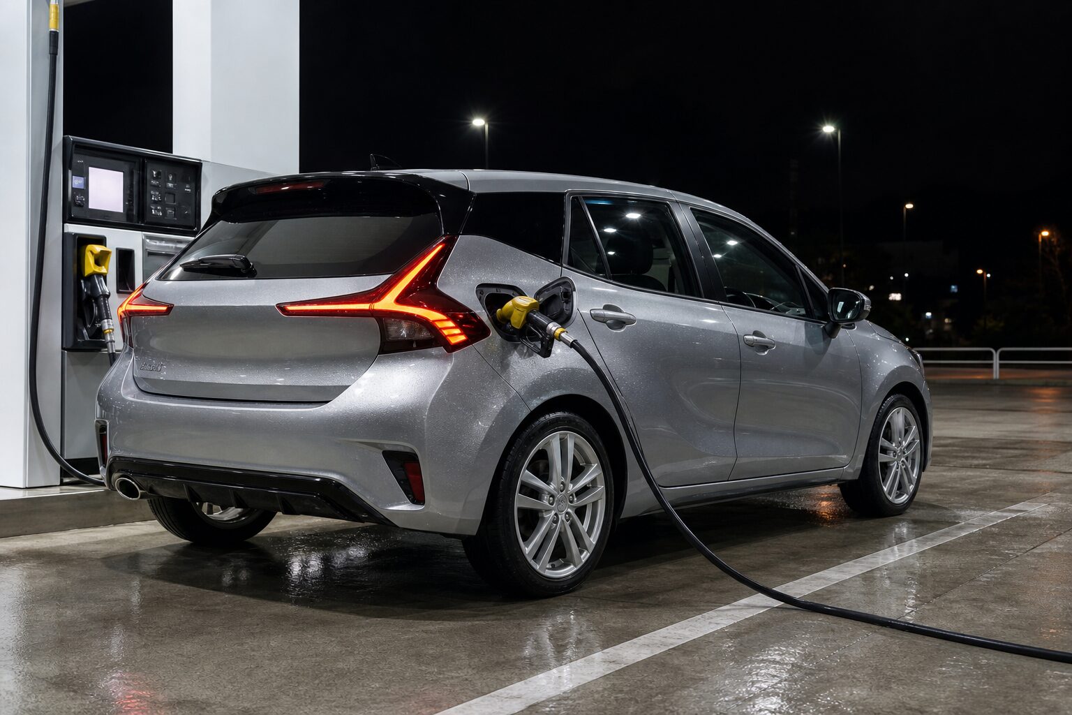 深夜のセルフ式ガソリンスタンドで給油するコンパクトカー 長距離ドライブ出発前のイメージ