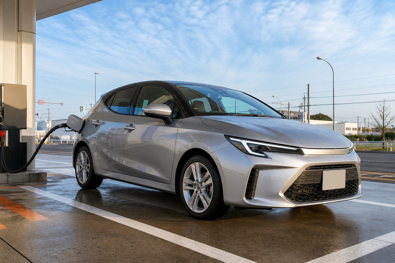 朝の新潟市内のセルフ式ガソリンスタンドで給油するコンパクトカー 春の青空と街並み