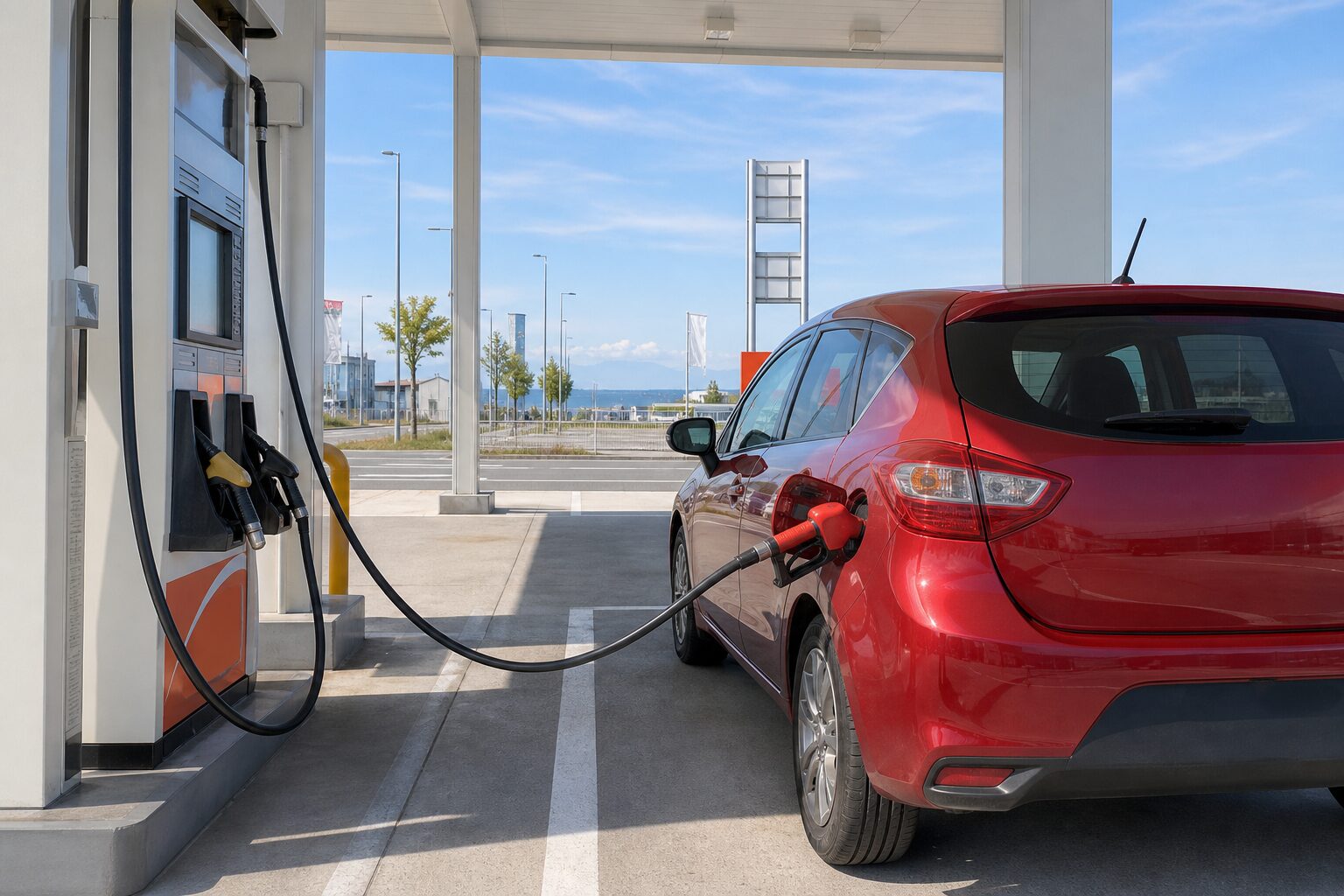 朝の新潟市内のセルフ式ガソリンスタンドで給油するコンパクトカー 春の青空と街並み