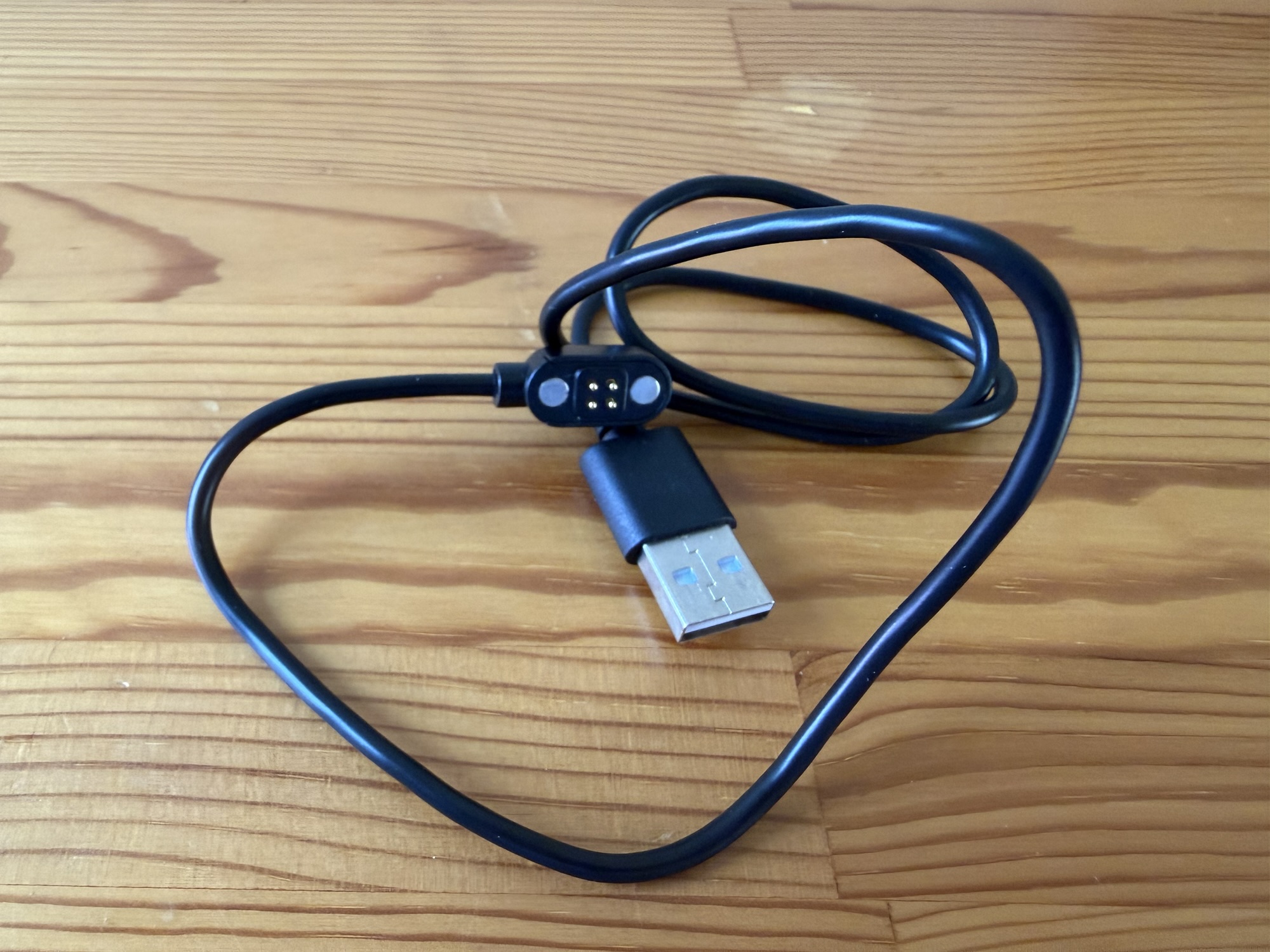 RESET-N付属の専用充電ケーブル。マグネット端子と反対側のUSB-A端子が見える